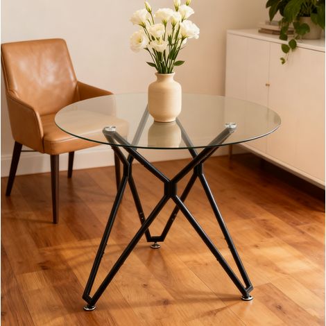 Table de Salle à Manger Ronde Moderne pour Petit Espace avec Plateau en Verre et Pieds Réglables en Métal, 90 x 90 x 78 cm (1/5)