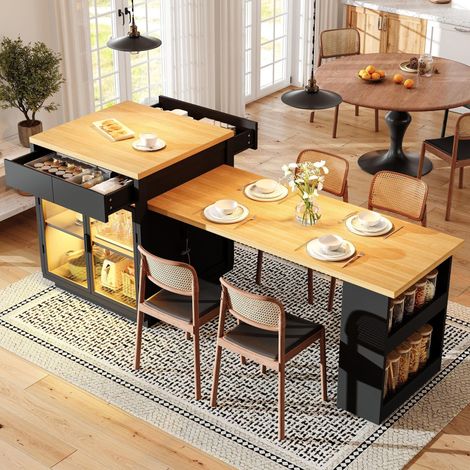 Isla de cocina extensible - 122-194.5 x 70 x 94 cm - carrito de cocina multifuncional con luces led, vitrinas, cajones, barra de bar - estilo moderno - MDF, metal - negro (1/5)
