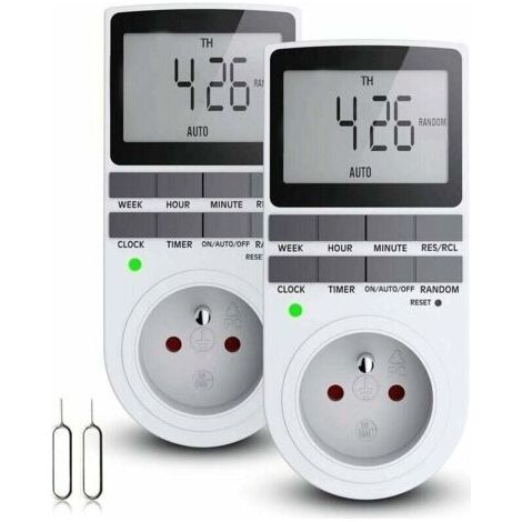 QORVA-Prise Programmable Digitale, Minuterie Numérique Journalier/Hebdomadaire, Programmateur Prise Electrique avec Ecran LCD et Mode Aléatoire Antivol, Économie d'Energie, 16A/3680W Max (2 Packs)