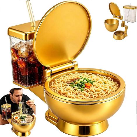 Ensemble bol à ramen en forme de toilettes 2 en 1 réutilisable, avec gobelet et paille intégrés, pour nouilles instantanées, soupes et en-cas (1/5)