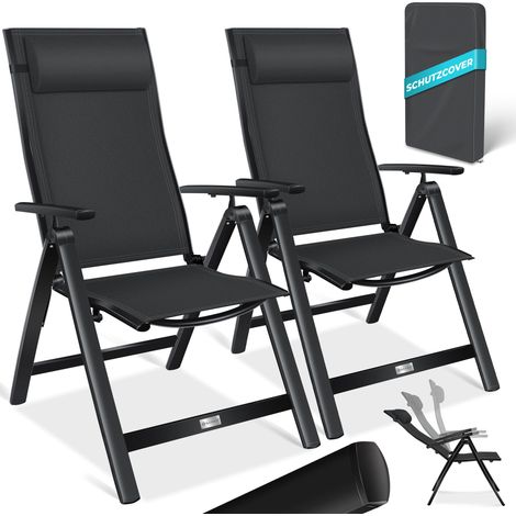 KESSER® Gartenstuhl Hochlehner mit Armlehnen Aluminium Klappstuhl inkl. Kopfkissen Campingstuhl 7-Fach Verstellbar Rückenlehne Atmungsaktiv Schwarz / 2 Stück