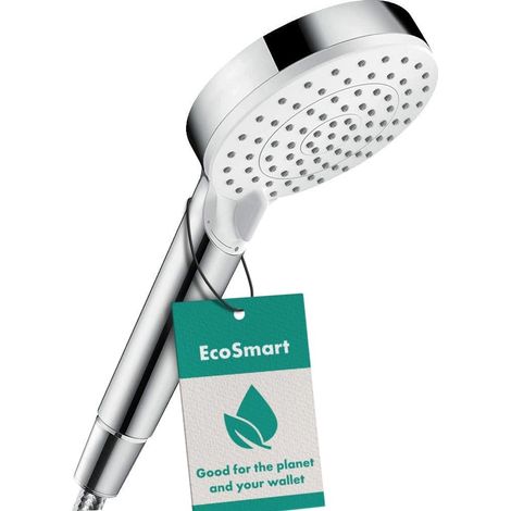 Crometta - Cabezal de ducha ahorrador de agua con 9 l/min (EcoSmart), ducha de mano con 2 tipos de chorro, cabezal de ducha redondo (100 mm de diámetro), blanco/cromo, 26332400 (1/5)