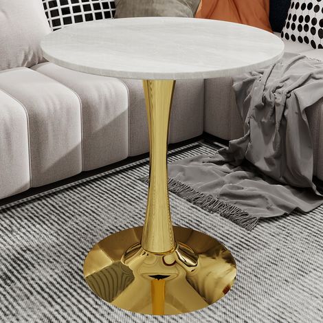 Mesa de centro redonda de 70 cm (27,6 pulgadas), tablero de mármol artificial, patas de metal dorado — estilo minimalista - B (1/5)