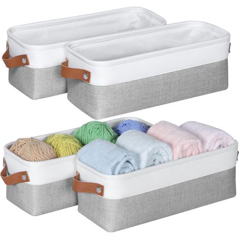 Lot de 4 petites boîtes de rangement pliables en tissu avec poignées en cuir pour jouets, vêtements, articles de bureau et autres articles divers (blanc/gris) (1/5)