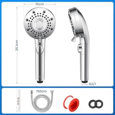 Pommeau de Douche Haute Pression avec Filtre Flexible 150cm et Cartouche Filtrante Interchangeable Tête de Douche Anti Calcaire 5 Modes de Jet avec Bouton d'Arrêt et Mode Pistolet Nettoyage pour Salle