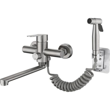 Robinet de Cuisine Mural Mitigeur pour Evier Robinetterie Cuisine avec pistolet de pulvérisation et 2 types de jets d'eau Rotatif à 360° en acier inoxydable brossé (1/4)