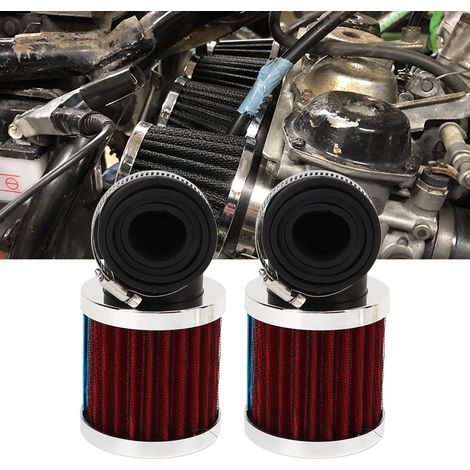 Filtres à air universels pour motos, 28-48 mm, coudés à 90° (lot de 2), compatibles avec les motos, scooters, quads et motos tout-terrain de 50, 70, 90 et 125 cm³, argent/rouge. (1/5)