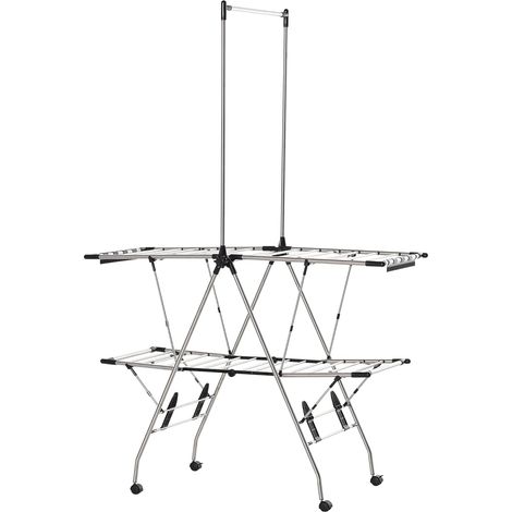 Séchoir à Linge étendoir Pliable avec roulettes Grand Espace d'étendage Acier Inoxydable 138,5 x 63 x 208 cm Argent Noir