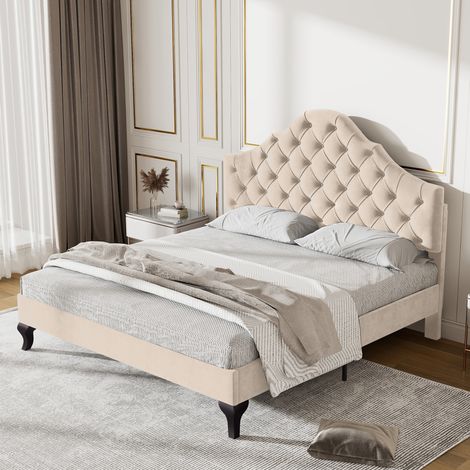 CHICFURN Letto 140x190 cm in velluto beige con rete a doghe e testiera regolabile (1/5)