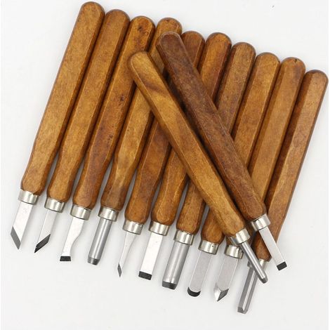 Ensemble de 12 couteaux à sculpter le bois - Ciseaux à bois - Couteaux à sculpter - Outils à main pour la sculpture sur bois - Manche en bois/acier inoxydable - Marron (1/5)
