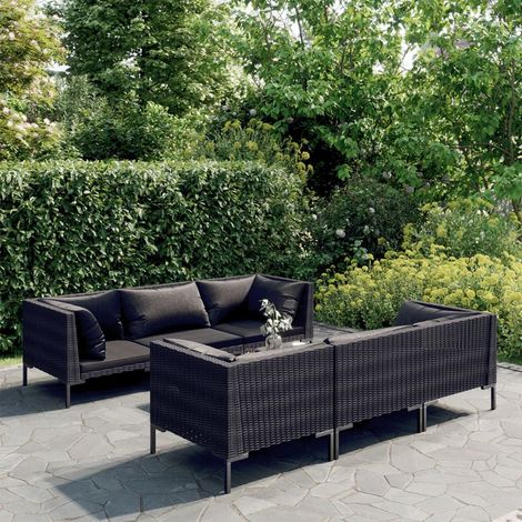 Salon de jardin 7 pcs Ensemble Table et Chaise de Jardin - avec coussins Résine tressée Gris foncé BV746731 - BonneVie (1/5)