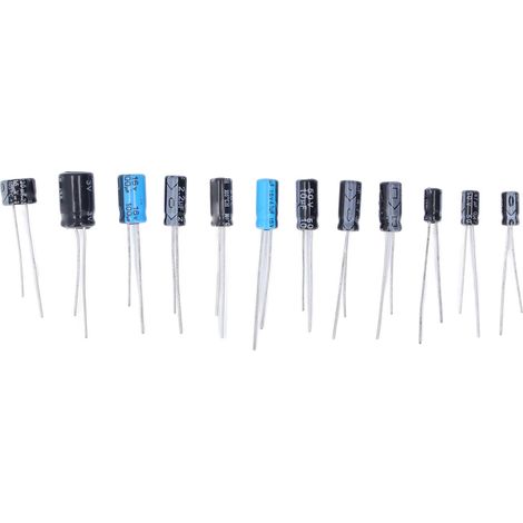 Kit 120 pièces 12 types condensateurs électrolytiques 0.22-470µF 50V 16V noir, assortiment de composants en ligne.
