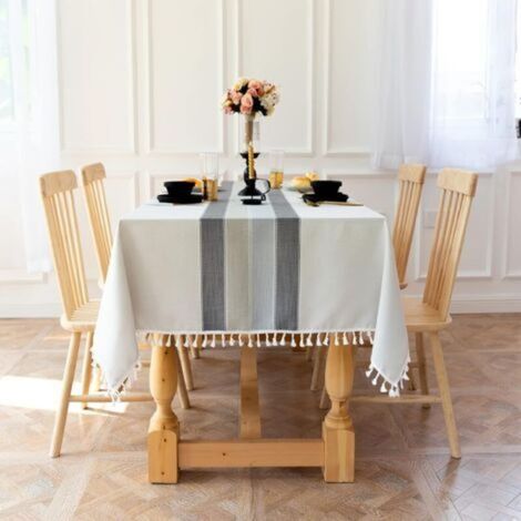 Nappe grise, 90140cm, une pièce, avec pompons, en imitation coton et lin lavable, nappe minimaliste moderne. (1/5)