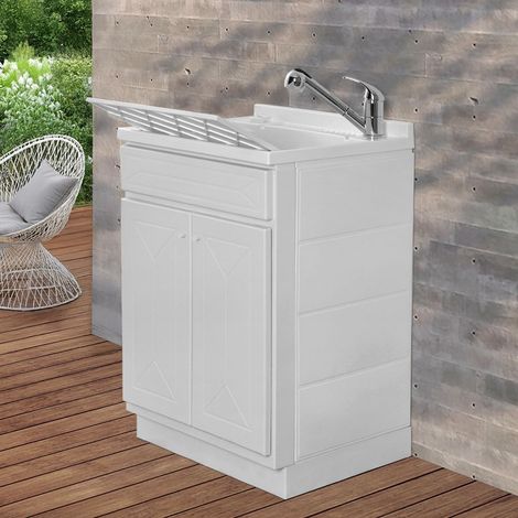 Mobile Lavatoio 2 Ante 60x50 cm con Vasca in Resina Bianco (1/5)