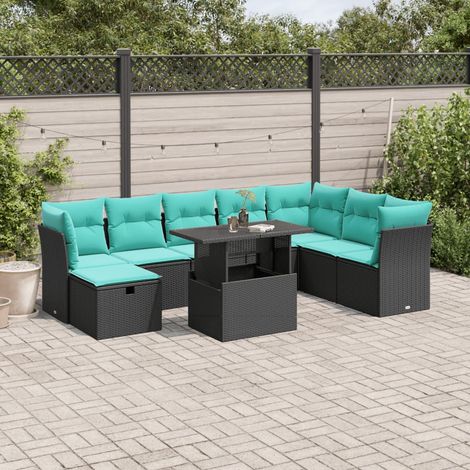 9-teiliges Gartensofa-Set mit Kissen, schwarzes Polyrattan (1/5)