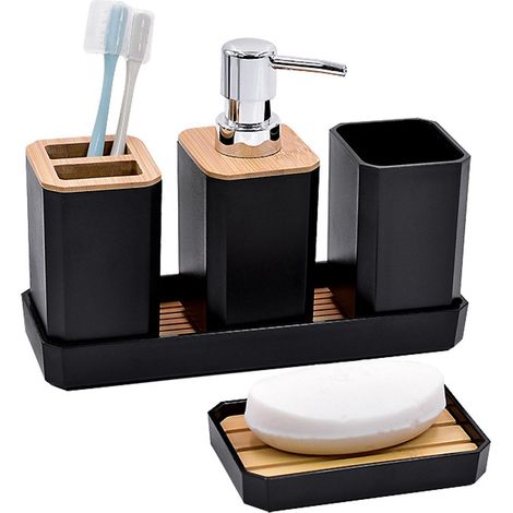 Set Accessoires Salle De Bain - 5 Pièces En Bambou Et PS - Distributeur De Savon Pompe - Porte-brosse À Dents - Gobelet - Plateau À Savon - Bac À Maquillage - Noir