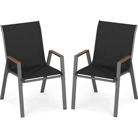Lot de 2 Chaises de Jardin Extérieur, avec Dossier, Chaise Empilable, Accoudoirs, Cadre en Métal, Charge 180KG pour Terrasse, Patio, Noir (1/5)