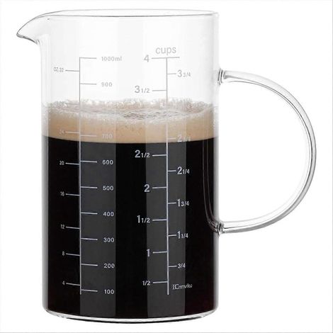 Messbecher aus hochfestem Borosilikatglas, isolierter Griff, V-förmiger Ausguss, 1000 ml / 1 Liter, 4 Tassen (1/5)