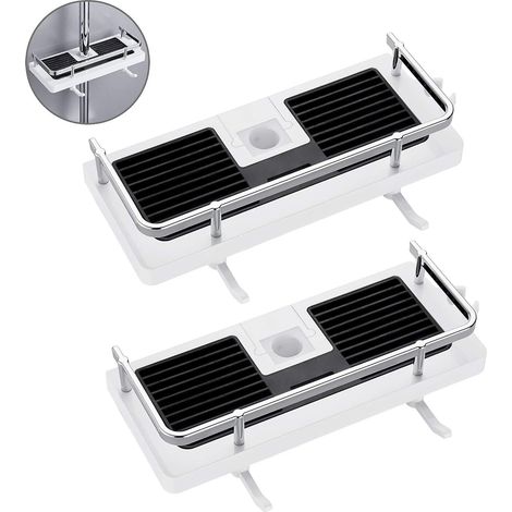 Étagère de douche sans perçage pour barre de douche, avec boucle et crochet pour pommeau de douche (compatible avec les barres de douche de 24 à 25 mm) - Lot de 2 (1/3)