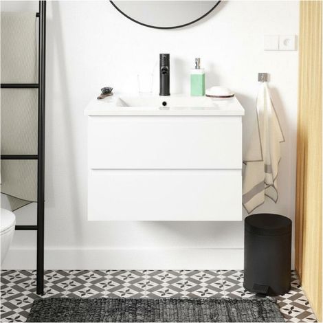 Einzelwaschtisch-Set 60cm mit Keramikplatte und schwarzem Wasserhahn SORRENTO