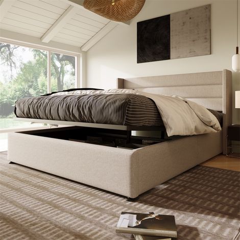 Cama doble 160x200 cm - con almacenamiento - cabecero con rayas horizontales - cama hidráulica - base de lamas - estructura metálica - tapizada en lino - Beige