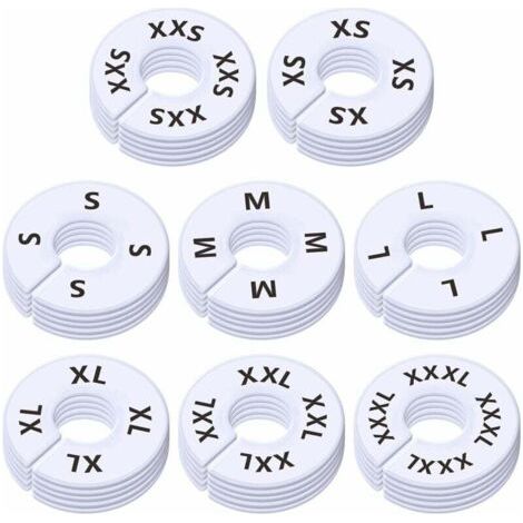 Lot de 40 séparateurs ronds en plastique blanc pour vêtements, pour étagères de placard, pré-imprimés en 8 tailles XXS, XS, S, M, L, XL, XXL, XXXL (3,5\ (1/4)