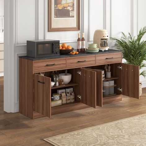 Meuble de cuisine/buffet avec 3 tiroirs et étagères réglables, îlot de cuisine de 160 cm avec plan de travail aspect béton, aspect noyer, 76,5 x 160 x 37 cm (1/5)