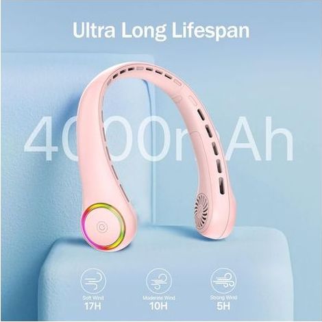 Mini-Nackenventilator, blattlos, USB-aufladbar, 4000 mAh Akku, leise und leistungsstark, mit 3 Geschwindigkeitsstufen und LED-Beleuchtung, ideal für Büro und Reisen. (1/4)