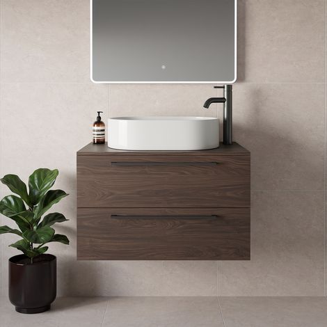 Napoli 460 Brown Oak 800mm Wall Mounted 2 Drawer Vanity Unit for Countertop Basins - 800mm - Gunmetal Grey 480mm Handle