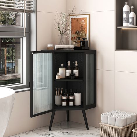 Mobile contenitore da bagno a 2 ripiani da 80 cm con anta in vetro temperato, in metallo nero (1/5)