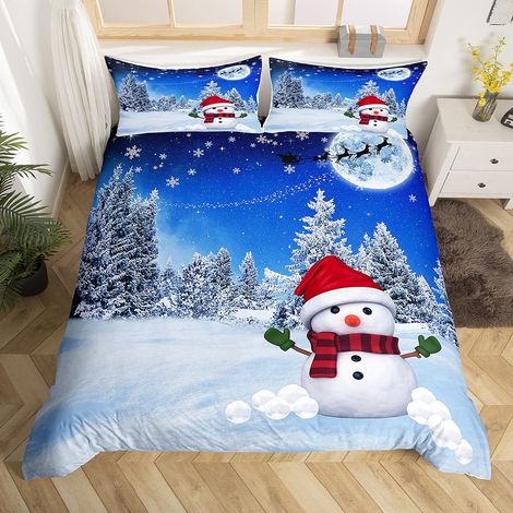 Housse de couette renne bonhomme de neige garçon thème de Noël décoration d'hiver confortable Housse de couette de rêve bleu chambre 3 pièces Parure de lit 230 x 220 cm (1/5)