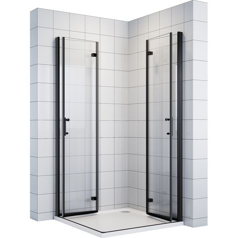 90x90x195cm Schwarz Duschkabine mit 180°-Doppelfalttüren Duschabtrennung Scharniertür 6mm NANO-ESG Klarglas Eckeinstieg (1/5)