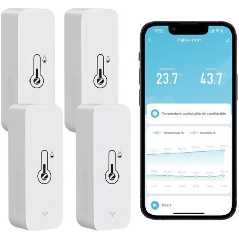 Zigbee Capteur de température et d'humidité sans fil intérieur et extérieur avec notifications d'application à distance et compatible avec l'application Tuya (4 pièce) (1/5)