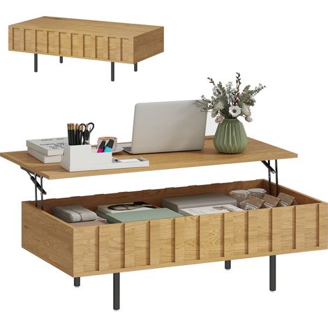 HOMCOM mesa de centro elevable, mesa de café para salón con 2 compartimentos ocultos, patas de metal para sala de estar, comedor, 110x55x36,5cm, roble (1/5)