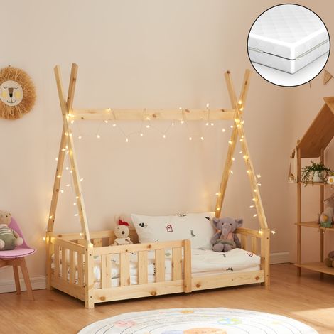 Cama infantil Tipi Helsingborg con reja de seguridad y colchón pino 140x70cm - Natural [en.casa]