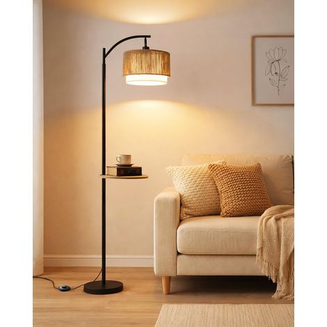 Lampe de sol en rotin avec table, lampe de sol pour salon, lampadaire avec interrupteur au pied, lampadaire bohème noir, double abat-jour en tissu, 3 températures de couleur, ampoule incluse (1/5)