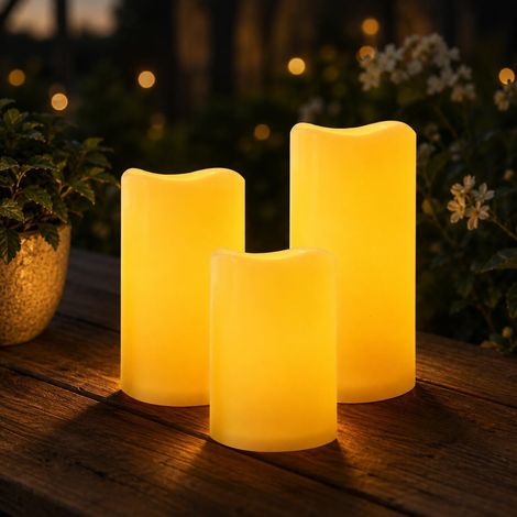 Bougies Solaires LED - Lot de 3 - Plastique IP44 - Lumière Vacillante - Jardin Terrasse Balcon - 15cm 12,5cm 10cm (1/5)