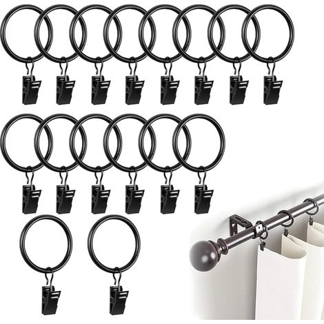 Lot de 16 Anneaux de rideau avec clips, Métal, Diamètre 25 mm, Noir, Pour rideaux et douche (1/5)