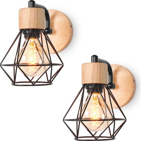 2PCS-Aplique Retro Vintage E27 Lampara De Pared De Hierro Y Madera Lámpara De Pared Interior Negro Para Salón Dormitorio Cocina Pasillo (1/5)