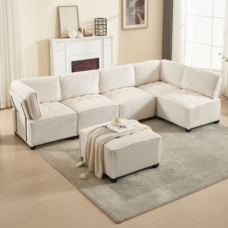 Divano modulare 6 posti 308x154x82 cm in velluto a coste beige salvaspazio FloraGrace (1/5)