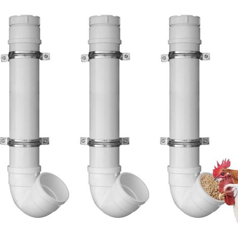 Un ensemble de 3 mangeoires automatiques en PVC pour poules, afin d'éviter que les poules ne grattent et que la nourriture ne se renverse.