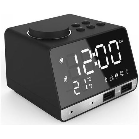LED-Doppelwecker mit Spiegel, Radio und Lautsprecher für Badezimmer mit Bass, kabelloser Bluetooth-Verbindung, USB-Anschluss und FM-Radio (1/4)