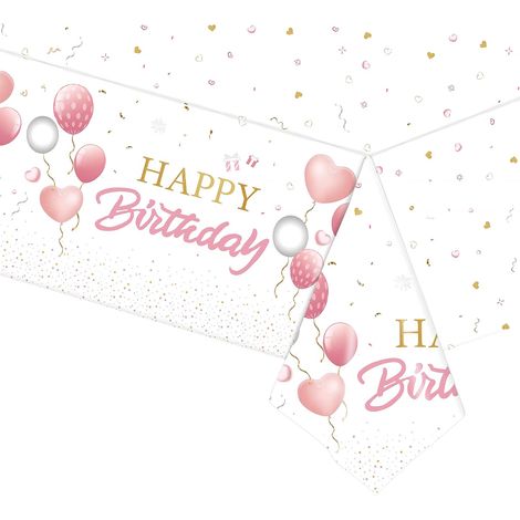 Nappe Jetable « Happy Birthday » Rose pour Filles et Elle, 137 x 274cm Nappe de Table Rectangulaire Plastique Réutilisable, Nappes de Fête Imperméable, pour Fête d'anniversaire de Bébé Fille et Femme (1/5)