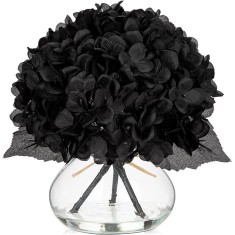 Fleurs artificielles d'hortensia avec vase en verre - Arrangements de fleurs artificielles en soie noire dans un vase avec fausse eau - Bouquet floral en vrac pour décoration d'intérieur (1/5)