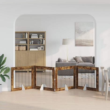 Barrière pour chien pliable avec supports, bois d’ingénierie, chêne fumé, 4 pièces - PANGIVO (1/5)
