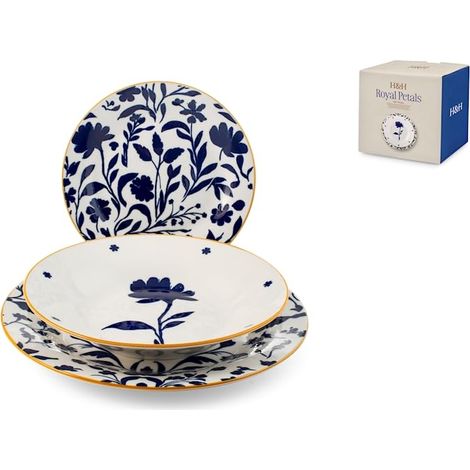 H&H Servizio Tavola Royal Petals in Porcellana Decorata 18 Pezzi – 6 Piatti Piani 27 cm, 6 Fondi 27 cm, 6 Frutta 19 cm Forma Ala – Idoneo Lavastoviglie e Microonde (1/4)