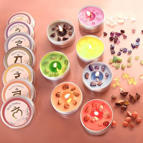 Bougies parfumées en cristal pour les 7 chakras, jeu de bougies à chauffe-plat en cire de soja pour la méditation, la relaxation, l'aromathérapie,le yoga,Cadeaux pour les femmes (1/5)