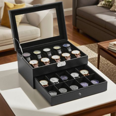 1 coffret à montres en cuir, double couche avec vitre anti-rayures, 20 compartiments, rangement bijoux et montres, idéal cadeau pour collectionneurs