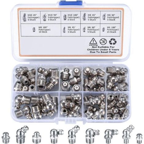 Assortimento di 60 ingrassatori, ingrassatori filettati, ingrassatori M6 M8 M10, ingrassatori con filettatura maschio, ingrassatori dritti/a 45°/a 90° per apparecchiature meccaniche, ingrassatori a vi