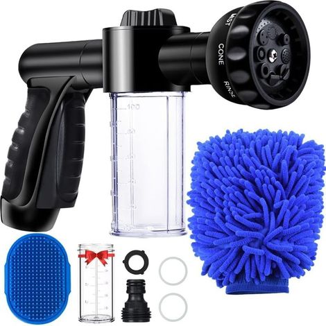 Pistolet arrosage pour tuyau arrosage avec réservoir savon 8 modes, Pistolet pulvérisateur d'eau en mousse de jardin lavage de voiture (1/5)